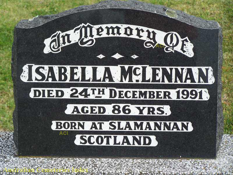 Photo of headstones/Isabella McLennan (nee Johnston) d1991 hdstn Bombo